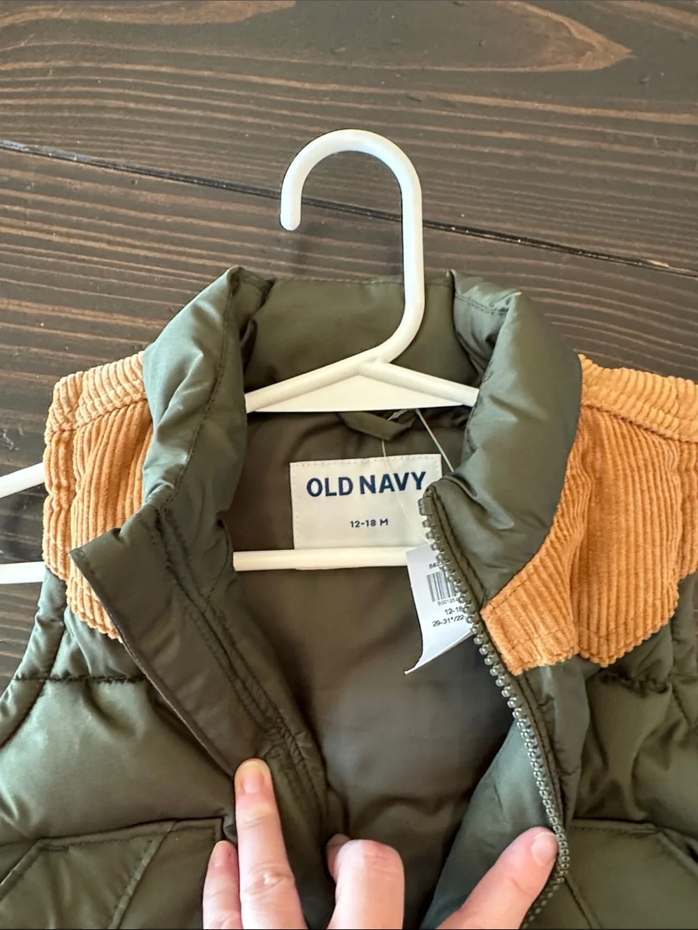 Old Navy Olive Green Puffer Vest with Tan Corduroy Yoke